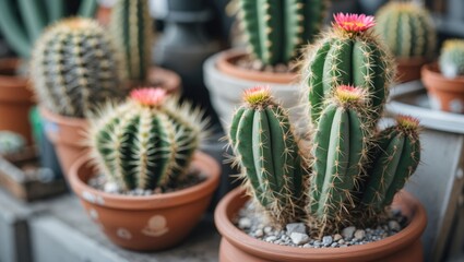 Poster - Cacti in terracotta pots with colorful flowers arranged in a greenhouse setting Copy Space
