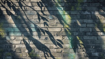 Aufkleber - Shadow patterns on a textured brick wall with green and blue hues and natural light creating an abstract backdrop with Copy Space