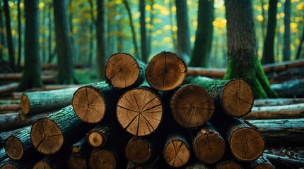 Aufkleber - Stacked logs in a tranquil forest setting with dappled light filtering through trees showcasing wooden textures and natural colors Copy Space