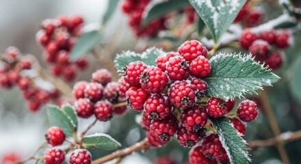 Poster - Frosted red berries on a branch with green leaves in a winter landscape with soft focus and Copy Space for text placement