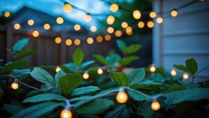 Aufkleber - Warm glowing string lights adorned among lush green leaves in a tranquil backyard setting with soft bokeh background Copy Space