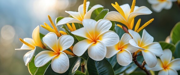 Fototapete - Close-up of tropical white and yellow plumeria flowers with green leaves in soft natural light Copy Space