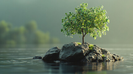 Sticker - Solitary tree growing on a rocky island in the middle of a lake, bathed in soft light, serene nature scene, symbol of resilience