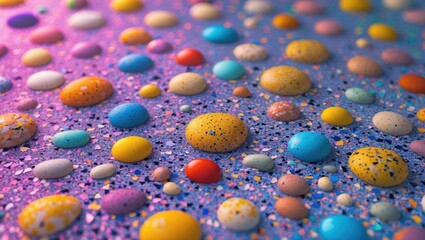 Aufkleber - Colorful decorative pebbles on a textured surface with vibrant speckles and a soft gradient background ideal for visual elements Copy Space