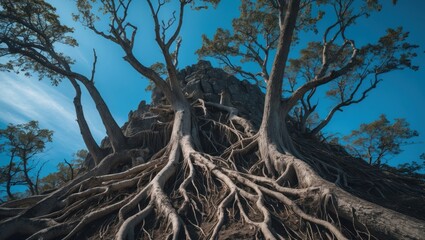 Poster - Ancient tree with sprawling roots against a rocky terrain under a clear blue sky showcasing natural growth and resilience Copy Space