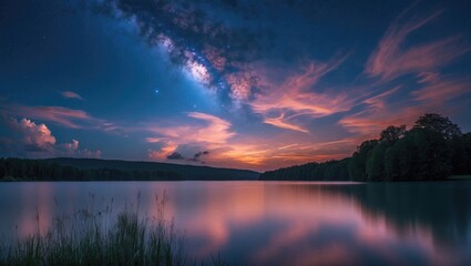 Poster - Lake landscape at twilight with reflections of clouds and trees on calm water under a starry sky with a copy space for text