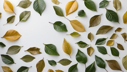 Aufkleber - Various types of leaves displayed on a white background showcasing diverse colors and shapes with Copy Space for text placement.