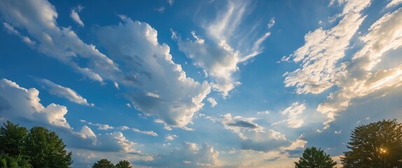 Aufkleber - dramatic cloud formations in a blue sky above trees during golden hour with copy space for text plac