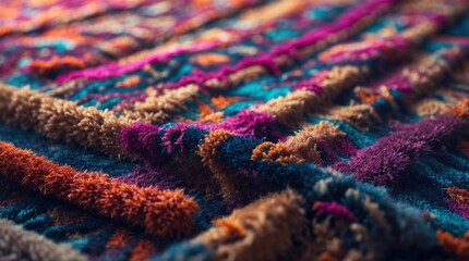 Aufkleber - Colorful textured fabric close-up with intricate patterns showcasing vibrant hues and fibers. Copy Space.