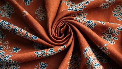 Aufkleber - Orange floral printed fabric textile with blue patterns folded in a spiral shape showing texture and detail Copy Space