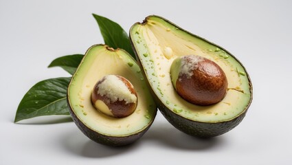 Aufkleber - Halved ripe avocado with seeds and green leaves on white background Copy Space