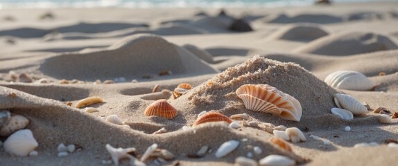 Aufkleber - Close-up view of various seashells on sandy beach with gentle dunes and blurred ocean background Copy Space
