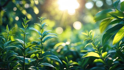 Aufkleber - Close-up of fresh green leaves with sunlight filtering through foliage in a natural setting Copy Space