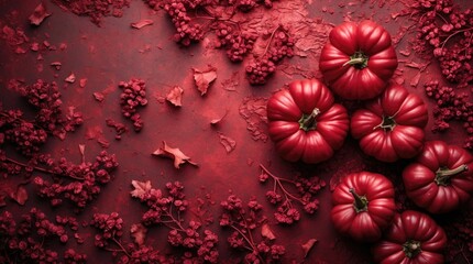 Aufkleber - Red tomatoes arranged on a textured red background with leaves and berries, creating a monochromatic and vibrant composition with Copy Space.