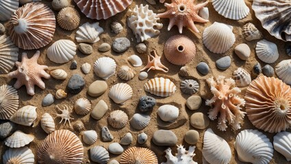 Aufkleber - Variety of seashells and pebbles on sandy beach background with natural textures and colors Copy Space