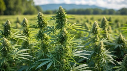 Poster - Close-up of cannabis plants with dense buds in a field under natural sunlight with mountains in the background and blue sky Copy Space