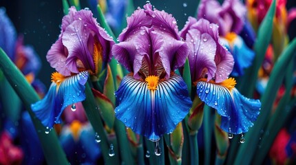 Poster - Vibrant irises with droplets on petals captured in a natural setting showcasing rich colors and textures with Copy Space