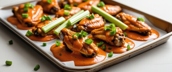 Poster - Buffalo chicken wings drizzled with sauce on a baking tray garnished with celery and green onions on a light background Copy Space