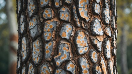 Aufkleber - Close-up of textured tree bark with orange lichen patterns and natural wood grain, suitable for nature backgrounds or organic concepts Copy Space