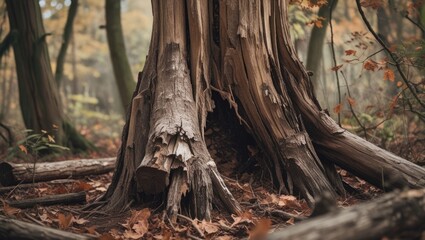 Aufkleber - Close-up of weathered tree trunk with exposed roots and autumn leaves in a forest setting Copy Space