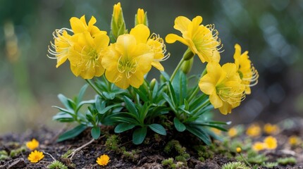 Poster - Bright yellow wildflowers blooming on lush green foliage with blurred background and small flowers on the ground Copy Space