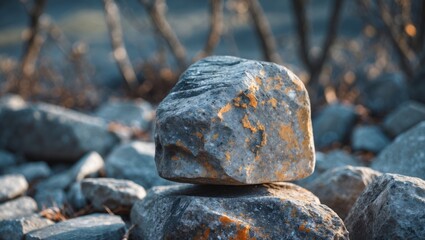 Aufkleber - Balanced rock on a pile of stones with natural outdoor background in soft light showcasing texture and color variations Copy Space
