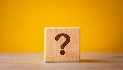 Fototapete - Wooden cube with question mark against yellow background. FAQ and QA. Problem solution.