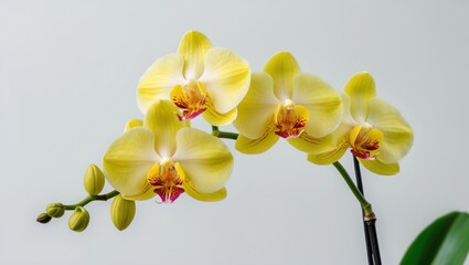 Fototapete - Yellow orchid flowers with green leaves against a light background suitable for floral decoration and design Copy Space