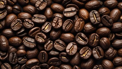 Aufkleber - Close-up of roasted coffee beans with varying textures and shades on a dark background Copy Space