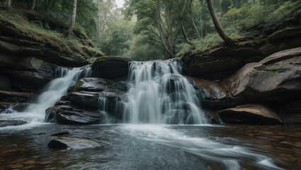 Poster - Waterfall cascading over rocks in a forested environment with lush green trees and smooth flowing water Copy Space