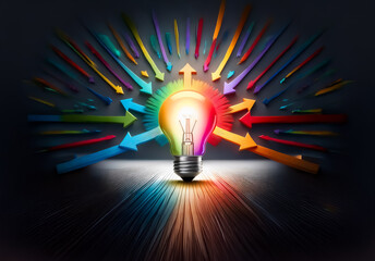 Aufkleber - Colorful arrows converge towards a glowing lightbulb, radiating bright light. A visual metaphor for ideas, inspiration, and creative thinking.