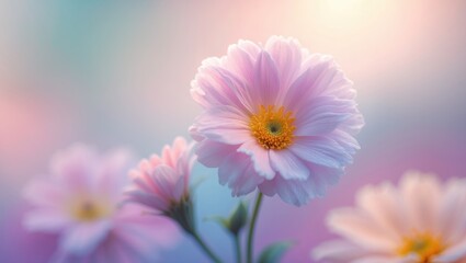 Aufkleber - Delicate pink flower with yellow center on soft pastel background with blurred floral details and ample copy space