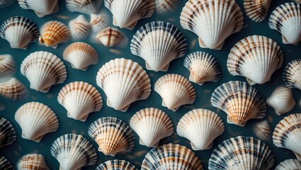 Aufkleber - Close-up of assorted seashells arranged on a flat surface with a dark background and ample copy space for text