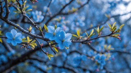 Aufkleber - Blue flowers and young green leaves on a tree branch with blurred background showing springtime blooms Copy Space