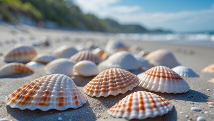 Aufkleber - Close-up of seashells on sandy beach with blurred ocean in background and clear blue sky, natural ocean texture, Copy Space
