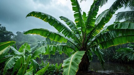 Poster - Lush tropical rainforest scene with large banana leaves in heavy rain showcasing vibrant greenery and natural beauty with copy space