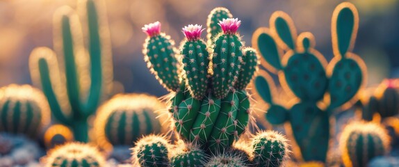 Poster - Colorful blooming cactus with pink flowers in a desert landscape during sunset, soft background blur, Copy Space