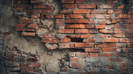 Aufkleber - Textured brick wall with weathered surfaces and peeling plaster, showing layered bricks and cracks, ideal for backgrounds or design.