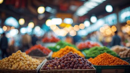 Aufkleber - Vibrant display of assorted fresh fruits in woven baskets at a bustling market with blurred background and bokeh lights Copy Space
