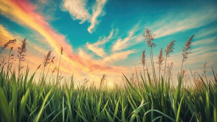 Aufkleber - Vibrant sunset over a grassy field with tall grasses and colorful clouds in the sky Copy Space