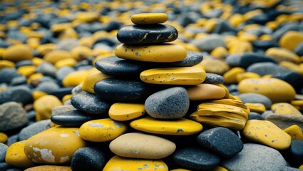 Aufkleber - Stacked stones in various shades of yellow and gray on a pebbled surface, creating a natural balance display, with Copy Space.