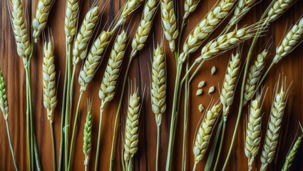 Aufkleber - Wheat stalks arranged on wooden surface with scattered seeds and copy space for text use