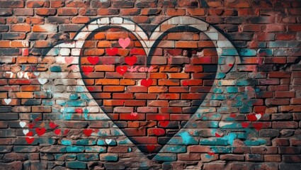 Canvas Print - Brick wall with colorful heart graffiti and paint splashes displaying various heart shapes and urban art style with copy space.