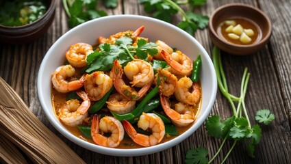 Aufkleber - Shrimp dish with fresh herbs and vegetables served in a bowl on a wooden table with a side of sauce and garlic Copy Space