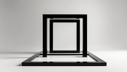 Wall Mural - Black geometric frames arranged in a layered structure on a minimalistic background with copy space.