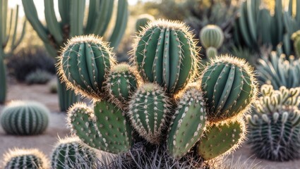 Poster - Cacti cluster with spiky texture in desert landscape under sunlight botanical garden setting Copy Space