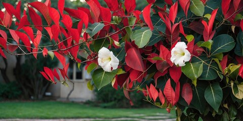 Poster - Red foliage with white flowers on a plant in a garden setting with blurred background and green lawn Copy Space