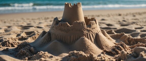 Poster - Sand castle on a beach with ocean waves in the background during daylight hours showcasing intricate details and textures Copy Space