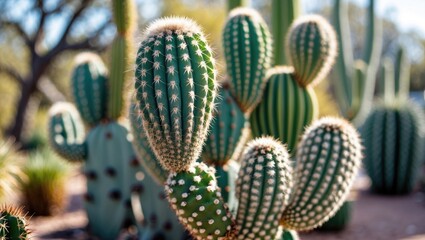 Aufkleber - Cactus garden with various species displaying green spines and textured patterns in natural sunlight with blurred background and Copy Space