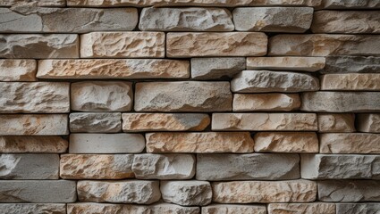 Aufkleber - Textured wall of natural stone bricks in various shades of gray and beige arrangement providing a rustic background with Copy Space.